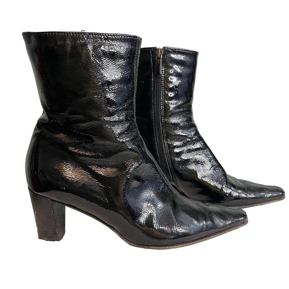 Aquatalia Leather Ankle Boots Size 8 Black Shiny Pointy Toe Luxury Made in ITALY